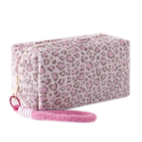Leopard Print Plush Pencil Case with Wrist Strap Large Capacity Fluffy Pen Pouch for Students Cute Stationery Organizer Bag for School Portable Makeup Cosmetic Bag (rose red) - color: rose red