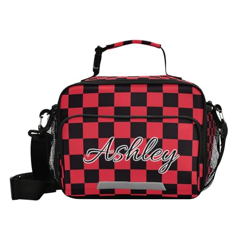 Custom Student Lunch Bag for Boys Girls Red Black Checkered Personalized Lunch Box With Name Insulated Cooler Bag for School Picnic Travel - color: Multi06