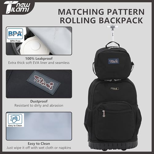 NEW TILAMI 16 Inch Rolling Backpack with Lunch Bag for Kids Adjustable Handle Carry-on Suitcase Wheels for Girls Boys School Travel Camping, Solid Black - color: Solid Black