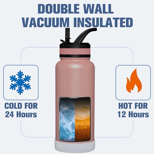OLDLEY 32 oz Insulated Water Bottle With Straw, Stainless Steel Sports Water Cup Flask with 3 Lids(Straw, Spout and Handle Lid) Double Walled Travel Thermal Canteen Mug,Rose Gold - color: Rose Gold, size: 32 Ounces