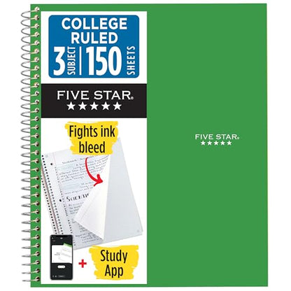 Five Star Spiral Notebook + Study App, 3 Subject, College Ruled Paper, Fights Ink Bleed, Water Resistant Cover, 8-1/2" x 11", 150 Sheets, Green (72067) - color: Green, size: 1 Count (Pack of 1)