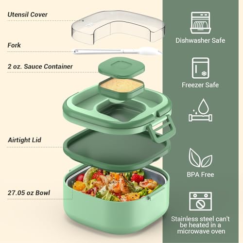 PEDECO Single-Layer Bento Lunch Box for Kids & Adults with Removable Stainless Steel Lunch Container,Dressing Container,BPA-Free,Dishwasher Safe - Includes Utensil(Green,Not Insulated) - color: Green, size: Stainless Steel Single Layer