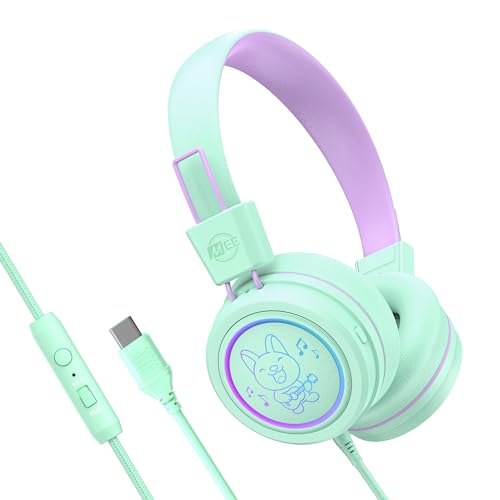 MEE audio KidJamz KJ55 Safe Listening USB-C Headphones for Children with Multicolor LED Lights, Volume Limiter, & Microphone; On-Ear Wired Kids Headset for iPhone 16, iPad, & USB Type C Devices (Mint) - color: Mint, style: USB-C Standard