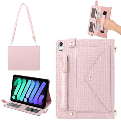 Handbag Case for iPad Mini 7 2024/Mini 6th Generation Case, Techcircle Elegant Crossbody PU Leather Folio Envelope Pocket Stand Cover with Hand Strap+Shoulder Strap+Pencil Holder+Card Slots, Baby Pink - color: 02 Baby Pink, size: iPad Mini 7/6 8.3"
