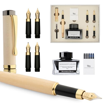 Wordsworth & Black Fountain Pen Gift Set, Includes Ink Bottle, 6 Cartridges, Refill Converter, 4 Replacement Nibs, Luxury Bamboo, Journaling, Calligraphy, Smooth Writing Pens [Maple Wood] - color: Maple Wood