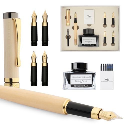 Wordsworth & Black Fountain Pen Gift Set, Includes Ink Bottle, 6 Cartridges, Refill Converter, 4 Replacement Nibs, Luxury Bamboo, Journaling, Calligraphy, Smooth Writing Pens [Maple Wood] - color: Maple Wood