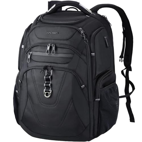KROSER TSA Friendly Travel Laptop Backpack 18.4 inch XXXL Gaming Backpack Water-Repellent College Daypack Business Backpack with RFID Pockets & USB Port for Men/Women-Black | TSA Friendly