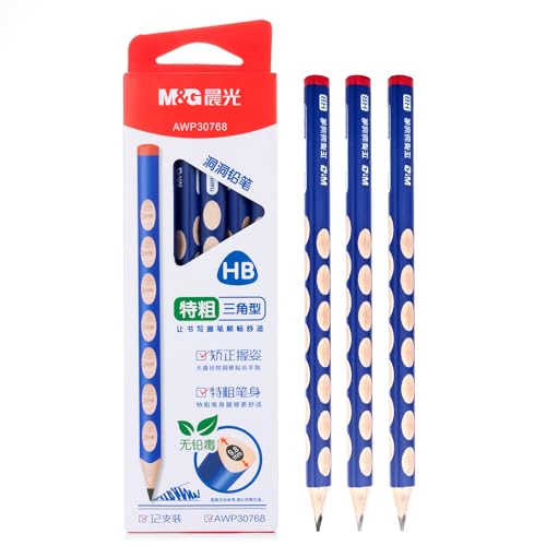 M&G 12 Pcs Triangular Pencils for Kids, Triangular Pole with Grip Correction HB Pencils, Pre-sharpened, Graphite Wood Pencils with Smooth Writing for School, Office, Painting, Sketching, Weddings - style: 12pcs Blue HB