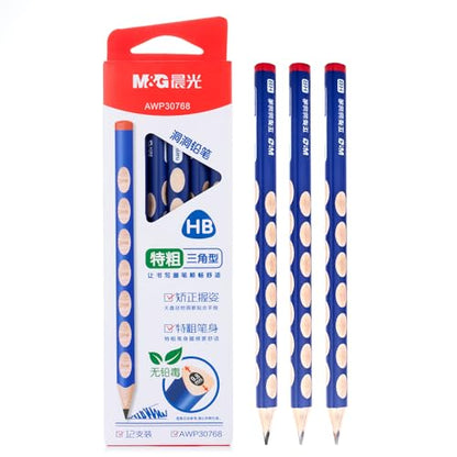 M&G 12 Pcs Triangular Pencils for Kids, Triangular Pole with Grip Correction HB Pencils, Pre-sharpened, Graphite Wood Pencils with Smooth Writing for School, Office, Painting, Sketching, Weddings - style: 12pcs Blue HB