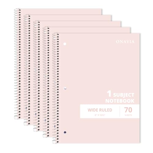 ONAVIA Pink 1 Subject Spiral Notebook Wide Ruled 5 Pack, 140 Pages | 70 Sheets, 7.5 x 10.5 in, 3-Hole Punched, School Notebook, Wide Ruled Paper, Study, Students - color: Pink