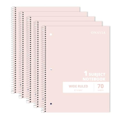 ONAVIA Pink 1 Subject Spiral Notebook Wide Ruled 5 Pack, 140 Pages | 70 Sheets, 7.5 x 10.5 in, 3-Hole Punched, School Notebook, Wide Ruled Paper, Study, Students - color: Pink