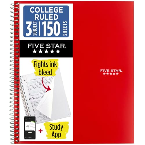 Five Star Spiral Notebook + Study App, 3 Subject, College Ruled Paper, 8-1/2" x 11", 150 Sheets, Fights Ink Bleed, Water Resistant Cover, Fire Red (72065) - color: Fire Red, size: 1 Count (Pack of 1)
