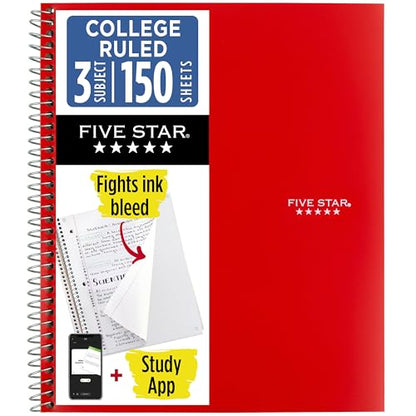 Five Star Spiral Notebook + Study App, 3 Subject, College Ruled Paper, 8-1/2" x 11", 150 Sheets, Fights Ink Bleed, Water Resistant Cover, Fire Red (72065) - color: Fire Red, size: 1 Count (Pack of 1)