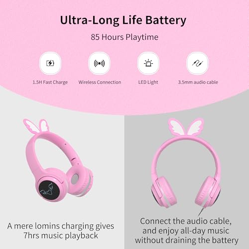 Kids Wireless Headphones with 7-Color RGB LED Lights, Long Playtime, Ultra-Soft Over-Ear for School Travel, Pink Butterfly Wings - color: Pink
