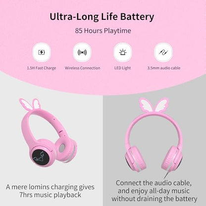 Kids Wireless Headphones with 7-Color RGB LED Lights, Long Playtime, Ultra-Soft Over-Ear for School Travel, Pink Butterfly Wings - color: Pink