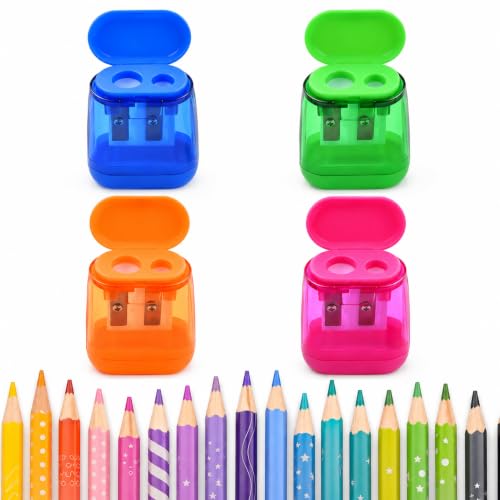 2-Hole Pencil Sharpener Manual Handheld Sharpener for Colored Pencils (4) | Double Hole Handheld Portable Pencil Sharpener, Great for School Classroom Supplies, Office, Home