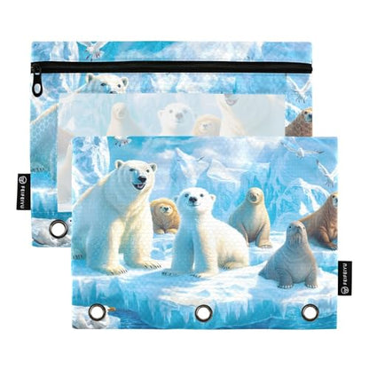 2 Pack Pencil Pouch for 3 Ring Binder Polar Bear Pencil Case Pouch with Clear Window Zipper Binder Pencil Pouches Pen Bag for Office School Supplies - color: Polar Bear
