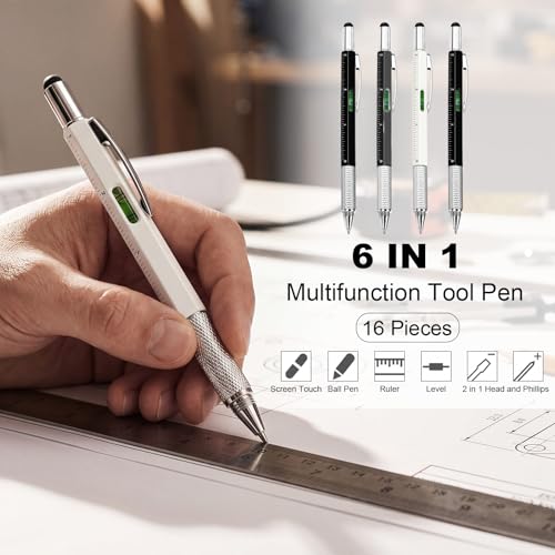 Zhanmai 8 Pcs 6 in 1 Multitool Pen Bulk Gift for Men Multi Tool Ballpoint Pen with Ruler Level Screwdriver Stylus Cool 20 Ink Refill Tool Gadget Birthday Christmas Stocking Stuffers (Black White Gray) - color: Black, White, Gray