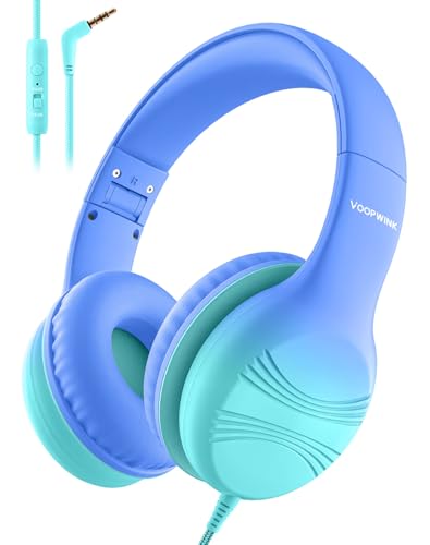 Voopwink Kids Headphones, Wired Headphones for Kids with Microphone 85/94dB Volume Limit, Stereo Sound Portable Over Ear Headphones for School/Travel/Tablet/iPad, Gradient Blue - color: Gradient Blue, size: Plug 3.5mm
