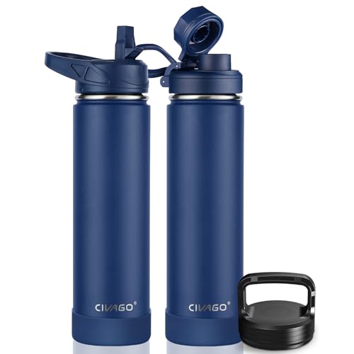 CIVAGO 24 oz Insulated Water Bottle With Straw, Stainless Steel Sports Water Flask Cup with 3 Lids (Straw, Spout and Handle Lid), Double Walled Travel Thermal Canteen Mug, Navy - color: .Navy Blue, size: 24 Ounces