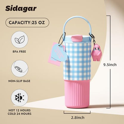 26oz Insulated Water Bottle with Dual Lid, Trendy Blue Checkerboard Tumbler, 316 Stainless Steel Coffee Mug, Leakproof Retro Grid Cup, Cold 24H, Travel Friendly Flask for School Office - color: Blue Grid