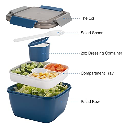 Freshmage Salad Lunch Containers To Go, 52 oz Bowls with 3 Compartments, Dressings Container for Toppings, Men, Women (Blue+Blue) - color: Blue+Blue