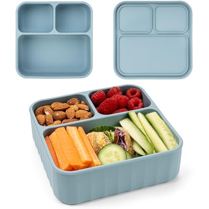 Silicone Bento Box Adult Lunch Container, 3 Compartment Container, Food Grade Silicone Bento Lunch Box for Work Travel Meal Prep, Leak-proof Food Storage Container（1 Pack Nile Blue） - color: Nile Blue | 32oz | 3-Compartment