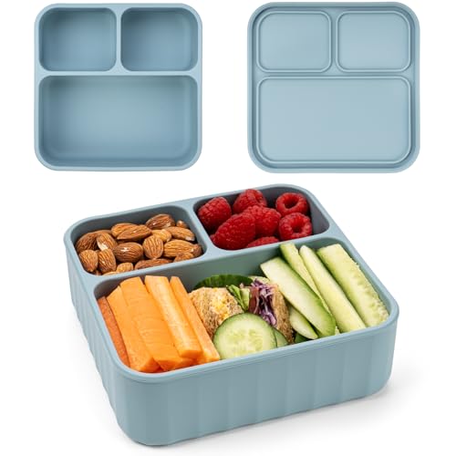 Silicone Bento Box Adult Lunch Container, 3 Compartment Container, Food Grade Silicone Bento Lunch Box for Work Travel Meal Prep, Leak-proof Food Storage Container（1 Pack Nile Blue） - color: Nile Blue | 32oz | 3-Compartment