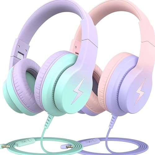 Candy Bila 2 Pack Kids Headphones, Wired Headphones for Kids Over Ear with Microphone, 85/94dB Volume Limiter Headphone for Girls Boys, Foldable Headphone for Learning & Entertainment - color: Gradient Pink, Gradient Purple