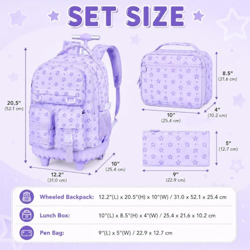 CCJPX 3Pcs Rolling Backpack for Girls, Roller Wheeled School Bookbag, Star Wheels Backpacks with Lunch Box for Kids (Purple) - color: Star Purple