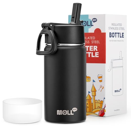 Water Bottle with Straw-12 oz Stainless Steel Double Wall Vacuum Insulated Sports Water Bottles for School, Leak-Proof Travel Water Flask for Boy (Black) - color: Black, size: 12 Ounces