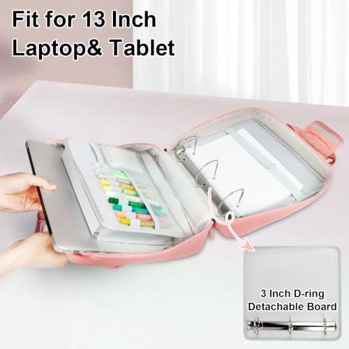 SIYNPAV 3 Inch Zipper 3 D-Ring Binder Bag, 700 Sheet Portfolio Organizer with Shoulder Strap, 13 Inch Laptop Sleeve, Pen& Bottle Pocket for Middle School, Peach - color: Peach