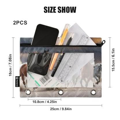 ATTX Horse Pencil Pouch for 3 Ring Binder with Smooth Zipper, Clear Window Pencil Case for Binder, Big Capacity with 3 Reinforced Grommets
