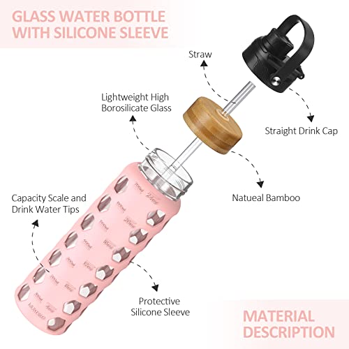 MUKOKO 24oz Glass Water Bottle, Pink | Glass Tumbler with Straw, Drinking Bottles with 2 Lids-Handle Spout Lid & Bamboo Straw Lid, Silicone Sleeve, 1 Pack - color: Pink, size: 24 Ounces