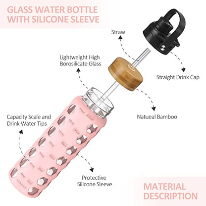 MUKOKO 24oz Glass Water Bottle, Pink | Glass Tumbler with Straw, Drinking Bottles with 2 Lids-Handle Spout Lid & Bamboo Straw Lid, Silicone Sleeve, 1 Pack - color: Pink, size: 24 Ounces