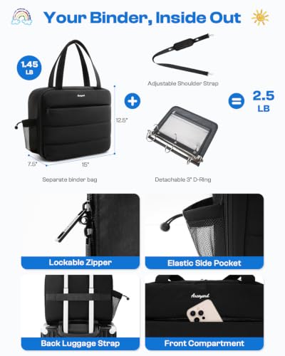 Puffer Zipper Binder 3 Ring with Pencil Pouch, 3" D-ring Binder with Zipper and Shoulder Strap, 600+ Sheets Capacity Zip Up Binder with 15.6" Laptop Pocket, Binder Bag for School College Office, Black - color: Black
