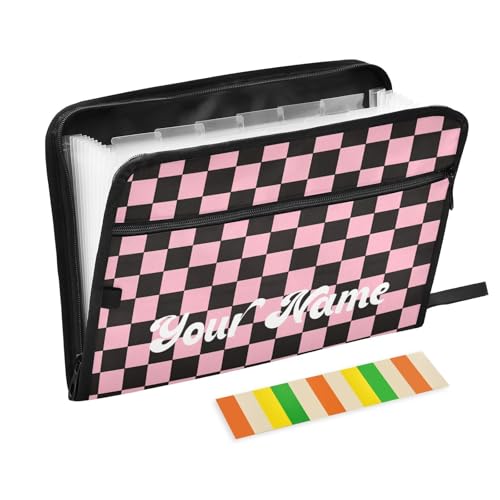 Custom Name Black Pink Checkerboard Accordion File Organizer Personalized Text Expanding Document Folder with 13 Pockets Portable File Folder for A4 Letter Size - color: Black Pink Checkerboard, size: Custom