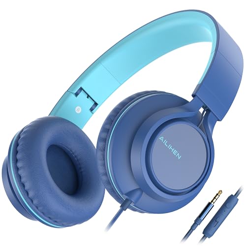 AILIHEN C8 Headphones Wired, On-Ear Headphones with Microphone and Volume Control, Corded 3.5mm Headset for Boys Girl School Smartphones Chromebook Laptop Computer Tablets Airplane Travel (Indigo) - color: Indigo, size: Medium