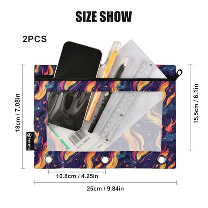 Binder Pencil Pouches Y2k Style with Fires Pen Case | Clear Window 3 Rings, Cosmetic Bags School Office Supplies Cosmetic Makeup Bag 2 Psc - color: Multi-flames