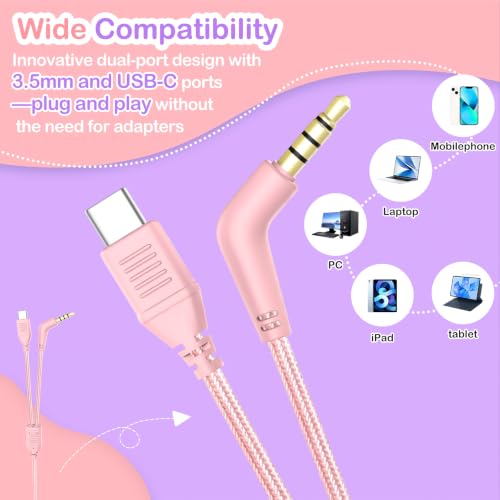 Kids Headphones with Mic for School, USB C&3.5mm Wired Over Ear Headphones for Teens/Boys/Girls,Safe Volume Limited, HD Stereo Sound Foldable Headphones for Students/Tablet/Laptop/PC/Travel,Pink - color: Pink