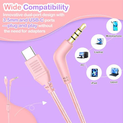 Kids Headphones with Mic for School, USB C&3.5mm Wired Over Ear Headphones for Teens/Boys/Girls,Safe Volume Limited, HD Stereo Sound Foldable Headphones for Students/Tablet/Laptop/PC/Travel,Pink - color: Pink