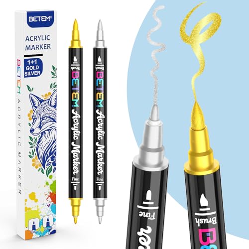 Betem Dual Tip Acrylic Paint Pens, Gold & Silver Paint Markers for Glass, Window, Fabric, Wood, Rock, Canvas, Acrylic Markers with Fine & Brush Tip, Art & Craft Supplies, Teacher Appreciation Gift - color: Gold&Silver