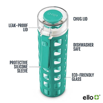Ello Syndicate 20oz Reusable Glass Water Bottle with One-Touch Leak Proof Flip Lid and Protective Non-Slip Silicone Sleeve and Carry Loop for Coffee, Tea and Water, BPA-free, Dishwasher Safe, Mint - color: Mint