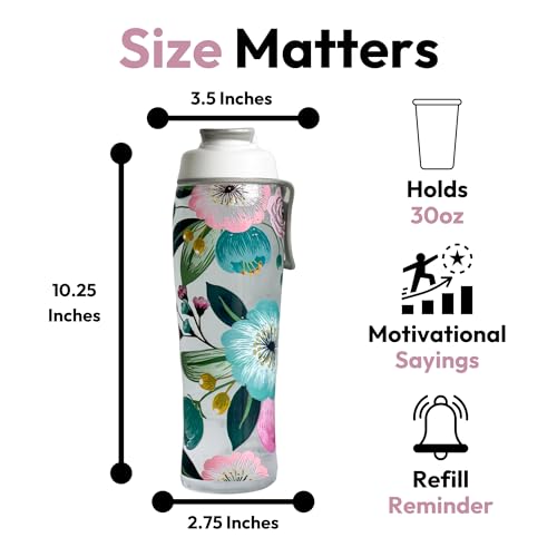 50 Strong | Water Bottle with Time Marker, 30 oz, Pretty Flowers - color: Pretty Flowers