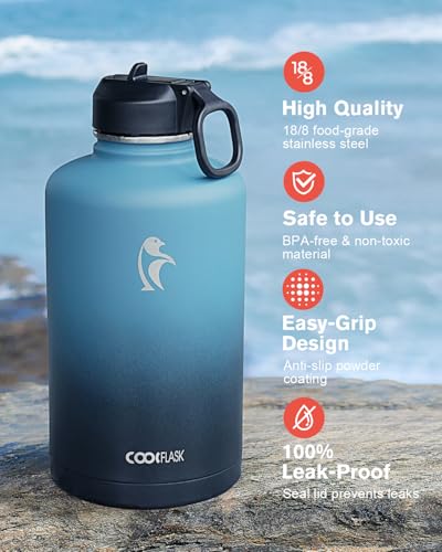 Coolflask Water Bottle 87 oz with Straw, 2/3 Gallon Insulated Stainless Steel Large 3 Lids Big Water Jug for Sports or Office, Non-BPA Keep Cold Up to 48 Hrs or Hot Up to 24 Hrs, Samurai Cyan | 2/3 Gallon Large Water Jug, Triple-Wall Vacuum, Cold 48+h/Hot