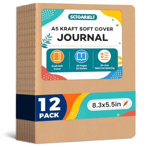 12 Pack A5 Lined Kraft Paper Journals Bulk, Notebooks for Work | A5 Notebook, 8.3" x 5.5" Inch Lined Composition Notebook, College Ruled Journal Notebook for School, 40 Pages / 20 Sheets - color: brown kraft 12 Pcs (One Item)