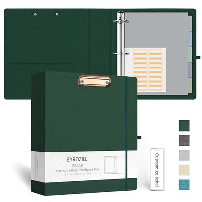 EYROZILL 3 Ring Binder 2 Inch, Binder for Letter Size (11" x 8.5") with 5 Tab Dividers, File Folder Labels and Low Profile Clipboards, Blackish Green - color: Blackish Green, size: ‎Letter Size - 2 Inch