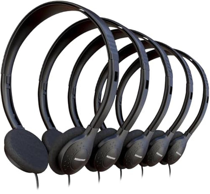 5 Pack Bulk Wired Headphones, On Ear with 3.5mm Jack, 4ft Tangle Free Cable, Comfortable Fit, Affordable and Cost Effective, Ideal for School Classroom Testing Students Events Groups, Black