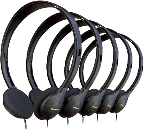 5 Pack Bulk Wired Headphones, On Ear with 3.5mm Jack, 4ft Tangle Free Cable, Comfortable Fit, Affordable and Cost Effective, Ideal for School Classroom Testing Students Events Groups, Black