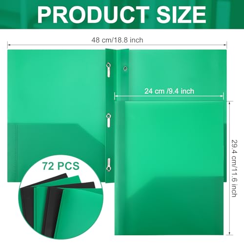 Cholemy 72 Packs Pocket Folders with Prongs Heavy Duty Plastic Folder with Business Card Slot 3 Prong Fasteners for School Office (Black,Green) - color: Black, Green